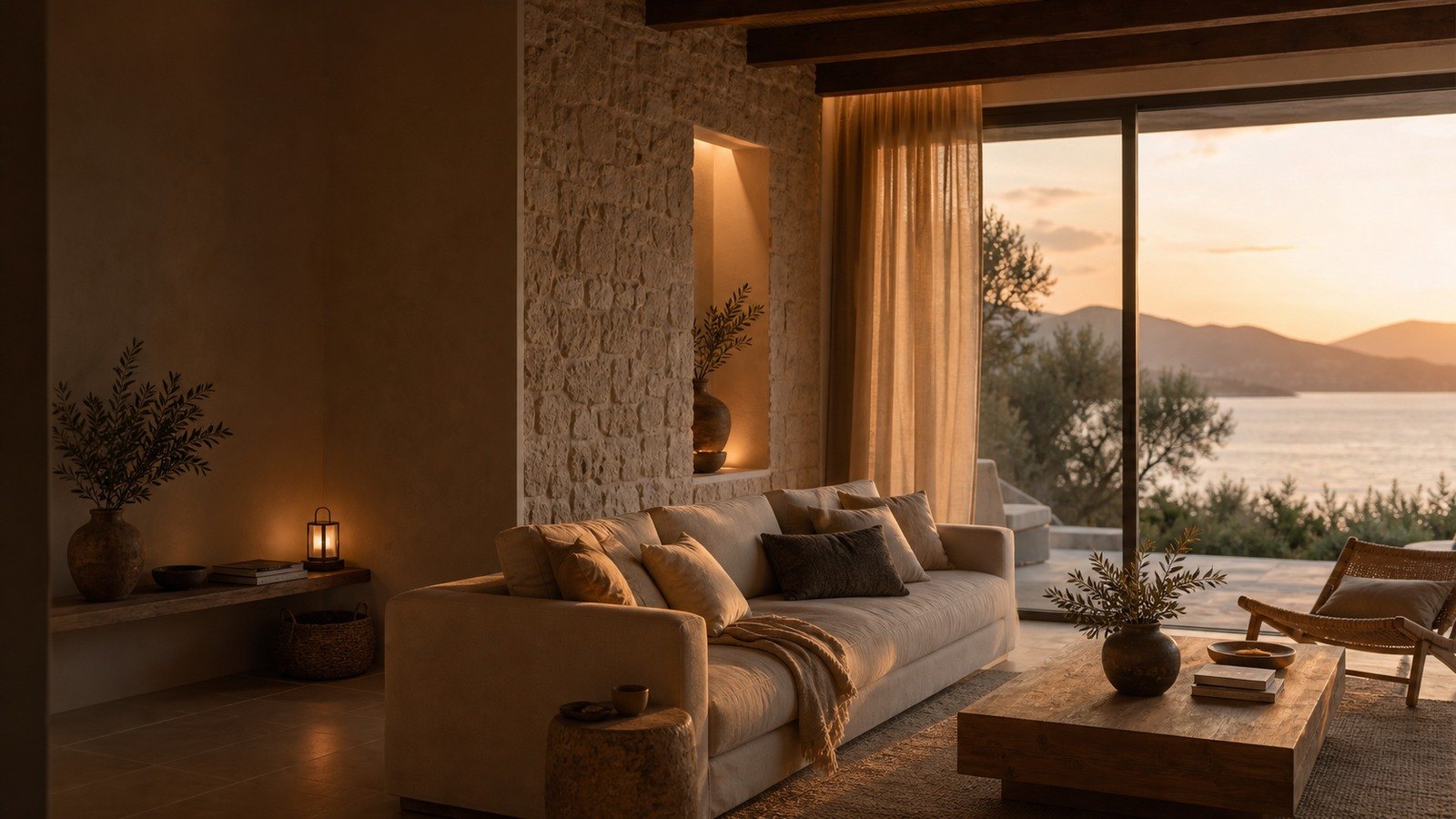 Warmes Wohnzimmer einer Villa auf Mallorca im Abendlicht